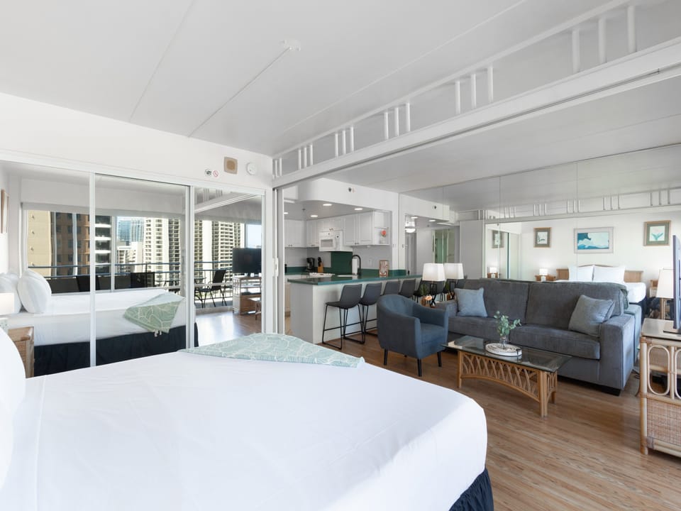 There is a sliding divider to separate the living and sleeping spaces, that can easily retract for an open feel
