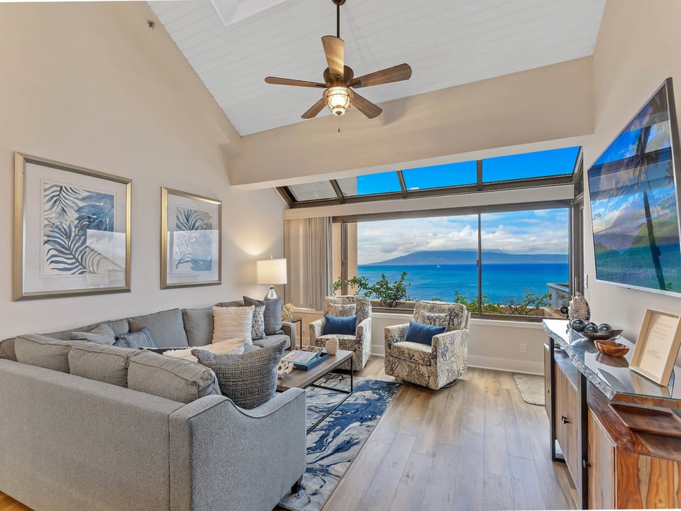 luxurious and spacious living room with smart TV, AC and ceiling