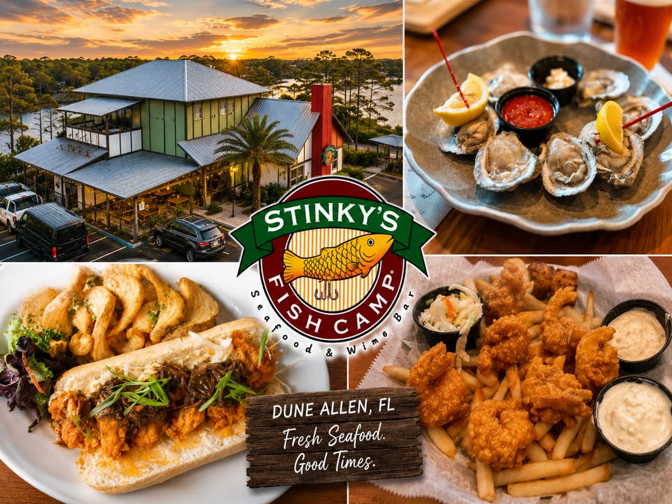 Stinky's Fish Camp offers fresh seafood and warm hospitality in Dune Allen, where you can savor oysters, fried delights, and coastal flavors at this modern beachside retreat.