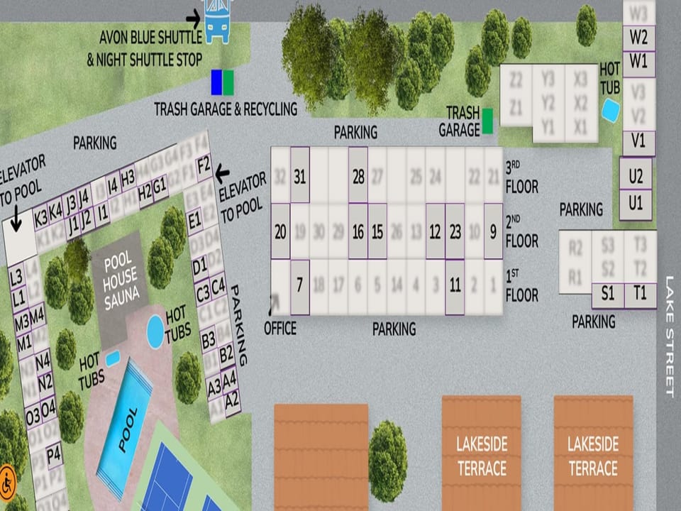 Property layout showing parking areas, pool facilities, and convenient amenities for your stay.