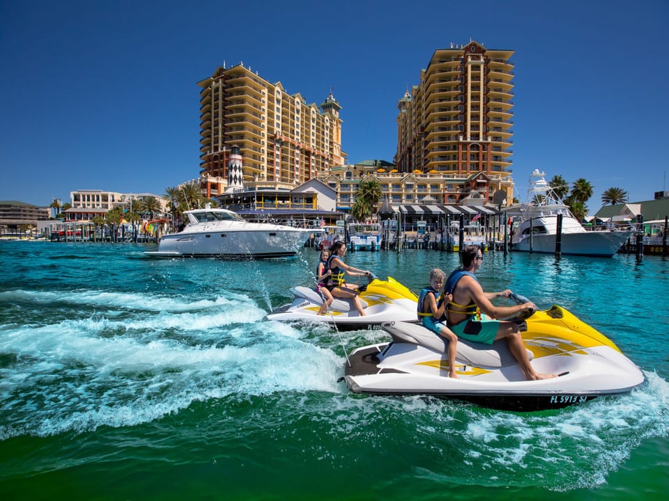 Rent a jet ski to explore the harbor and Crab Island.