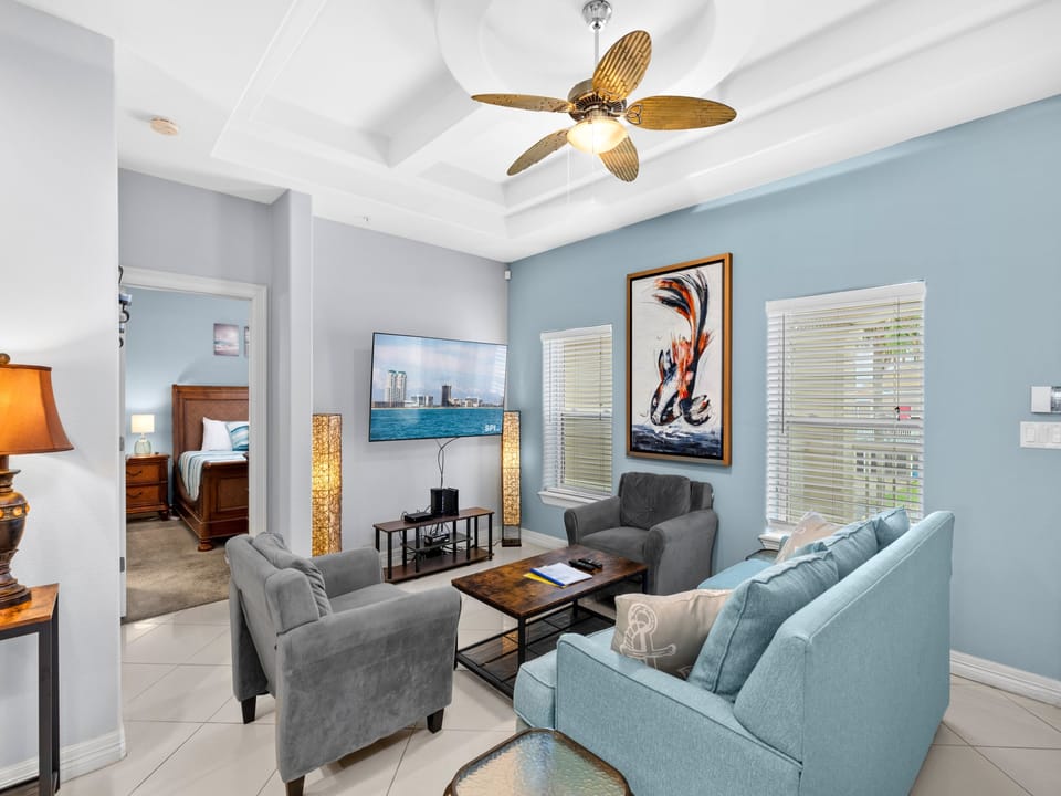 Comfortable Living Area surrounding flat screen TV
