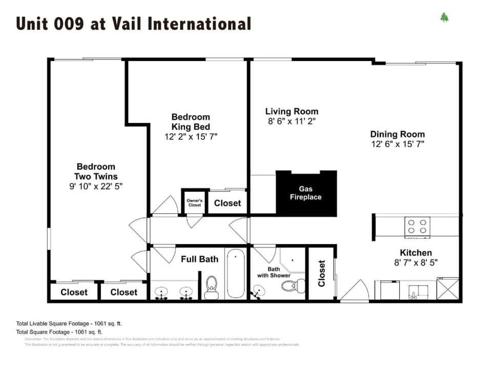 A floor plan titled "Unit 009 at Vail International" featuring two bedrooms, two bathrooms, a kitchen, living room, and dining room, totaling 1051 sq. ft. Key features include a gas fireplace and various closets.