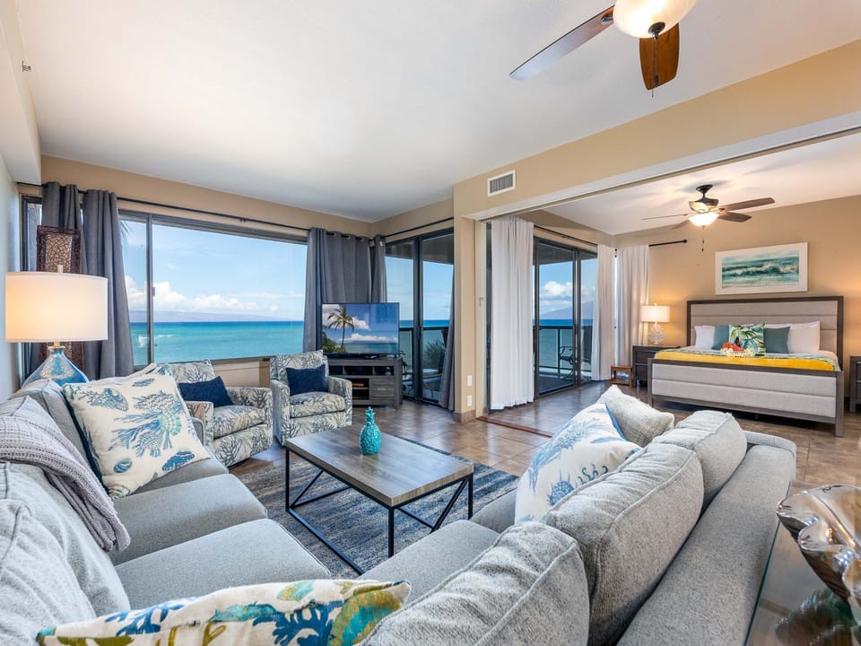 Sliding doors open living room to the master bedroom