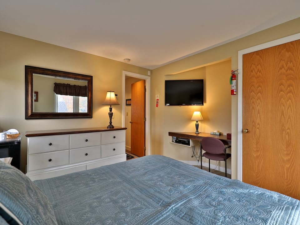 TV, desk, and private bathroom in the queen bedroom studio