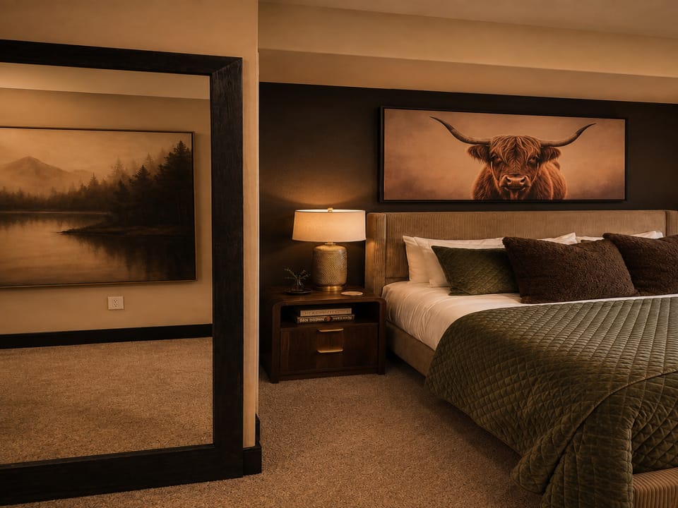 Step into your peaceful retreat with rustic-chic charm. Soft lighting and rich textures create a cozy, lodge-inspired atmosphere where you can unwind completely.