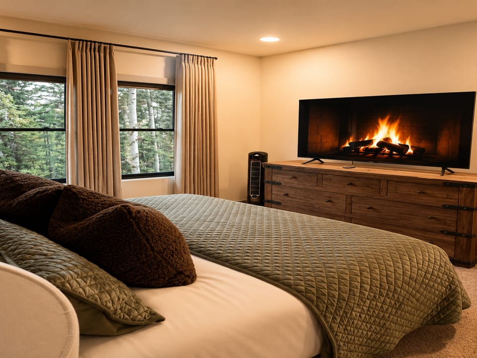 Curl up in your cozy retreat where a crackling fire warms the room and forest views frame the windows, creating the perfect mountain escape for restful evenings.