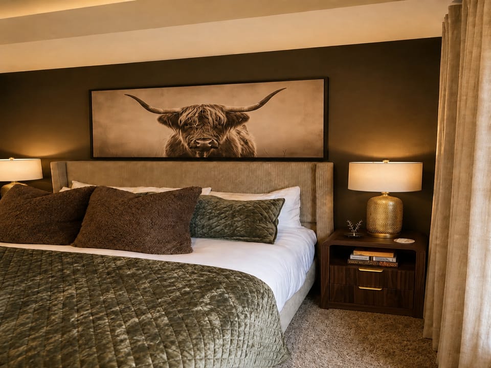 Sink into comfort in your elegantly appointed bedroom, featuring a plush bed with luxurious linens, warm ambient lighting, and stylish furnishings that create a cozy retreat.