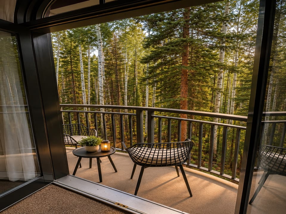 Step onto your private balcony and breathe in the forest air. Two cozy chairs await, perfectly placed for sipping morning coffee or watching the light shift through the towering trees that surround you.