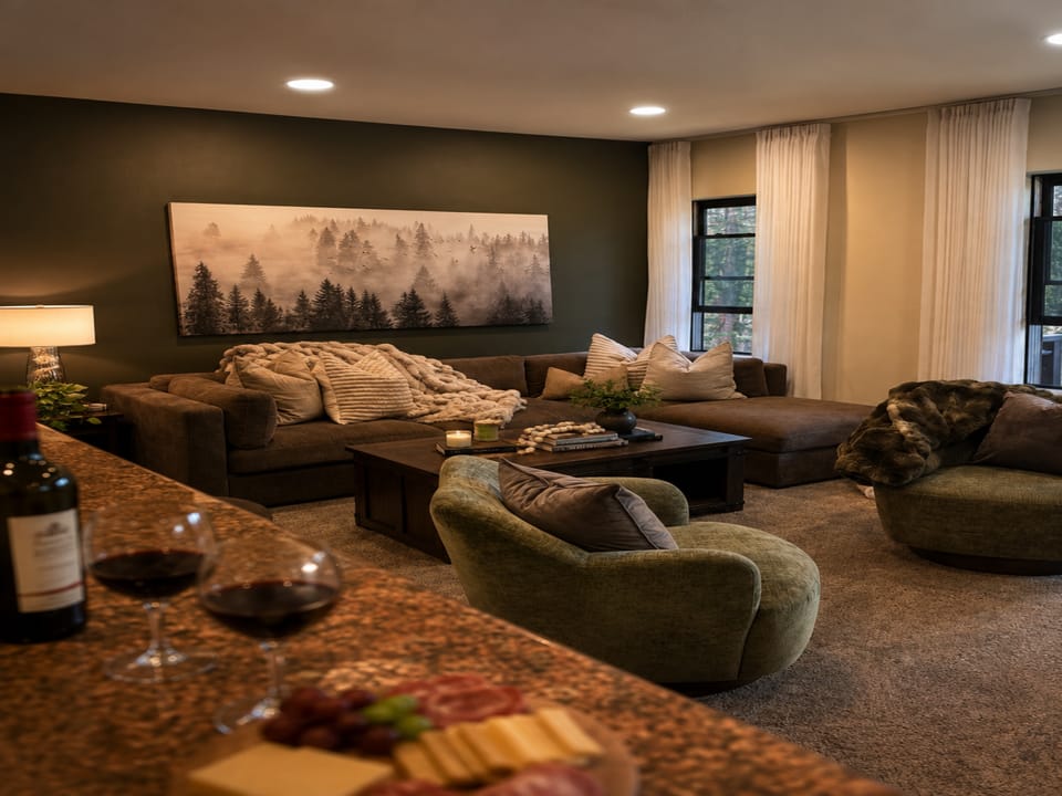 Curl up in this inviting living space with plush seating, warm earth tones, and soft lighting. Pour yourself a glass of wine and settle in for cozy evenings of relaxation.
