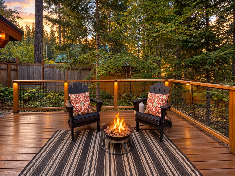 Deck Space includes private covered year round hot tub, propane grill, propane firepit, and seasonal outdoor seating.
