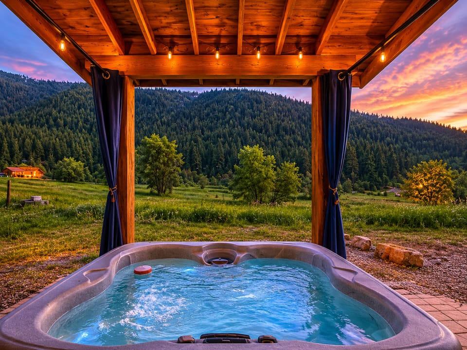 Soak beneath a cedar pergola with string lights as mountains, meadows, and a glowing sunset fill your view. Your perfect evening retreat awaits under open skies.