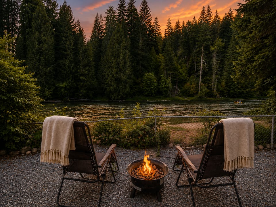Enjoy a propane firepit riverside.