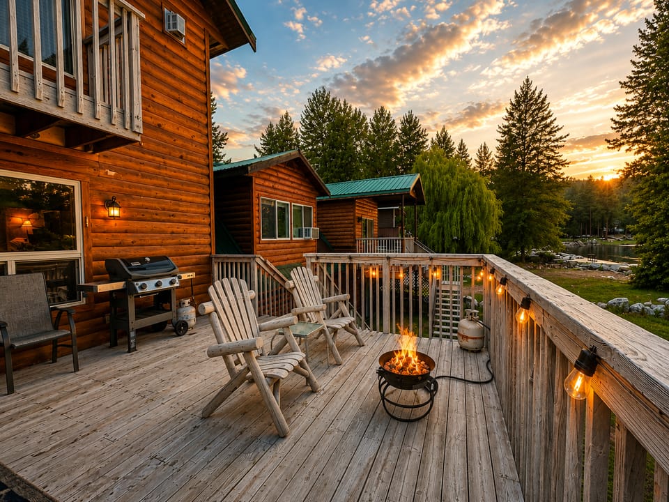 The log cabin property nestled among evergreen trees offers a spacious deck with seating area, fire pit, and surrounding natural landscape at sunset.