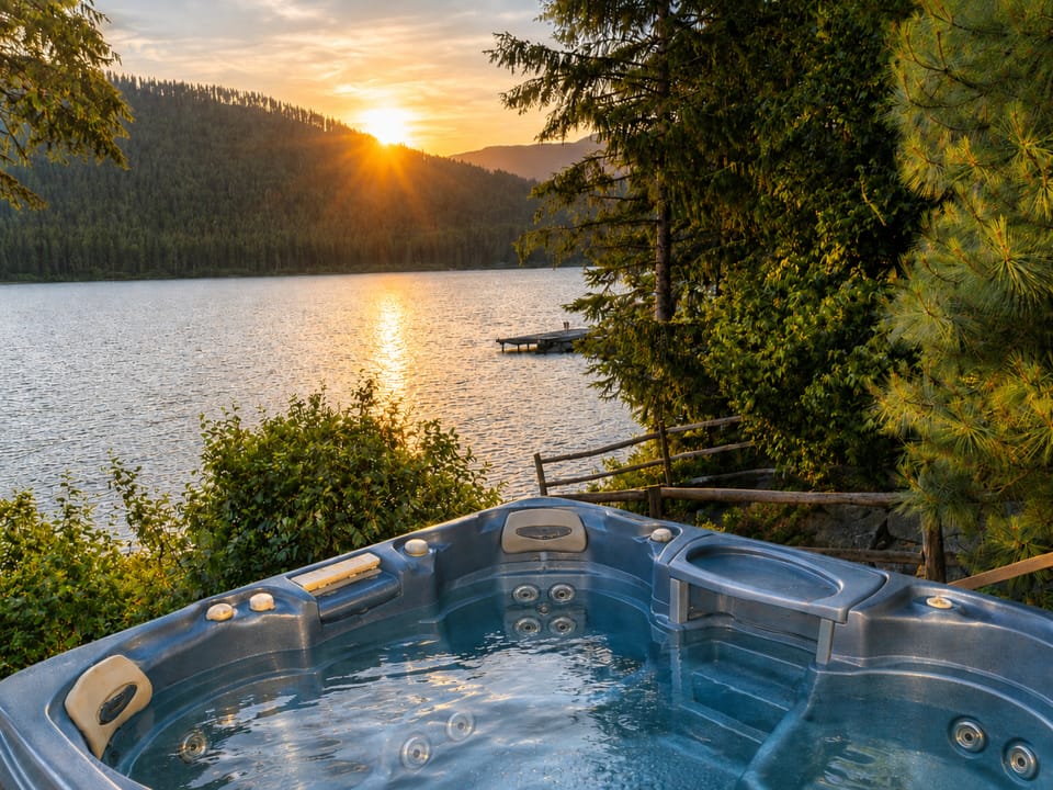 A peaceful lakefront retreat offering a private hot tub with stunning water and mountain views, perfect for watching the sun set over tranquil forested shores.