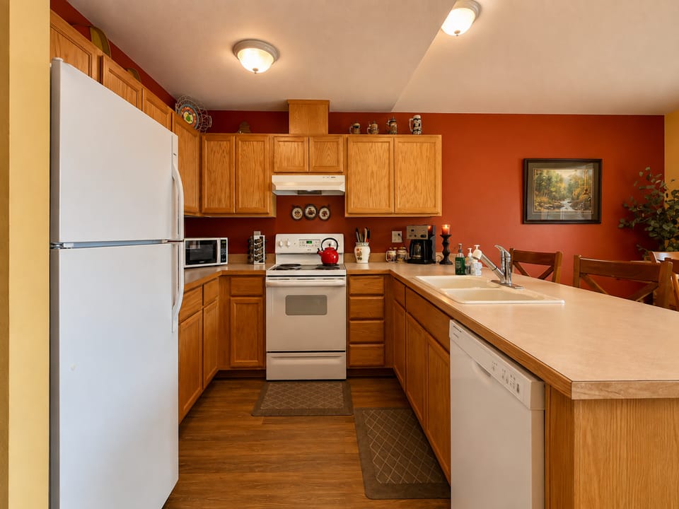Full Kitchen includes dishwasher, coffee maker, and all of the necessary cooking basics for your stay.