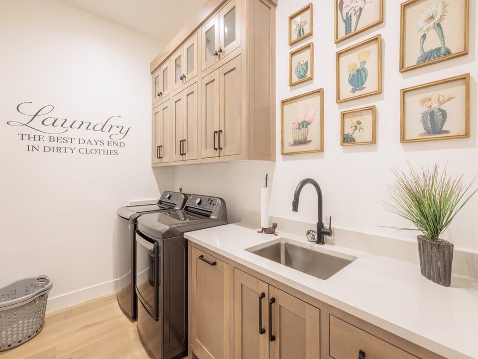 The laundry room has a washer and dryer and is stocked with laundry detergent if you desire to wash your clothes during your stay.