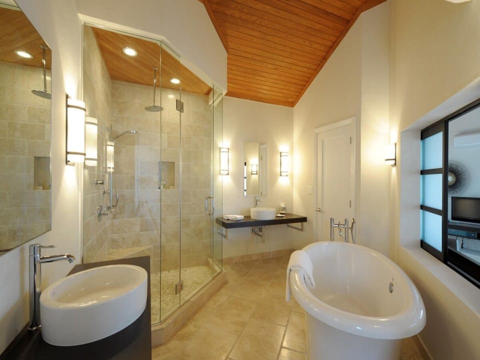 Bathroom wtih jetted tub and glass enclosed rain shower