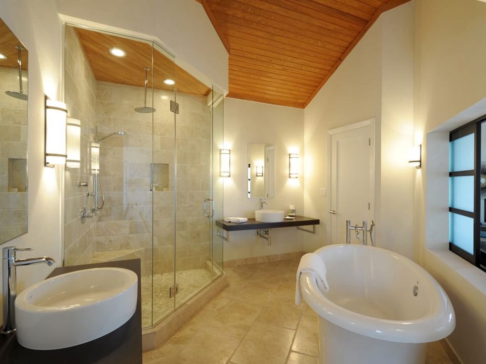 Bathroom with jetted tub and glass enclosed rain shower