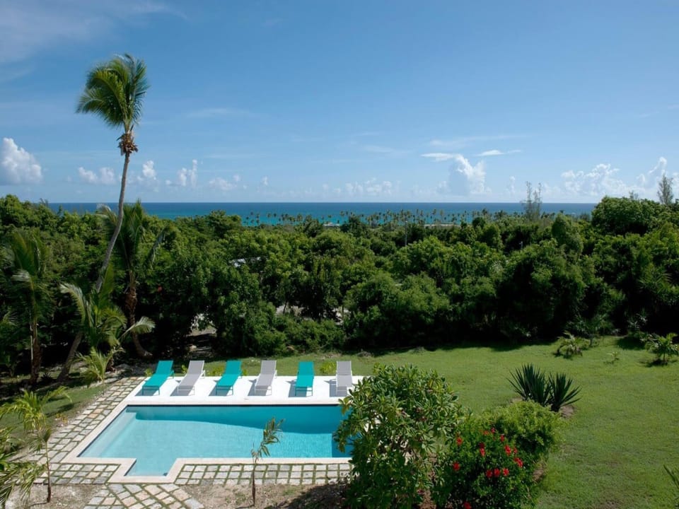 Pool and yard with ocean beyond.