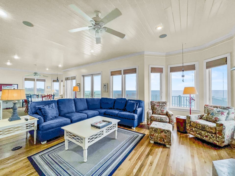 The open concept main living space, next to the kitchen and dining area