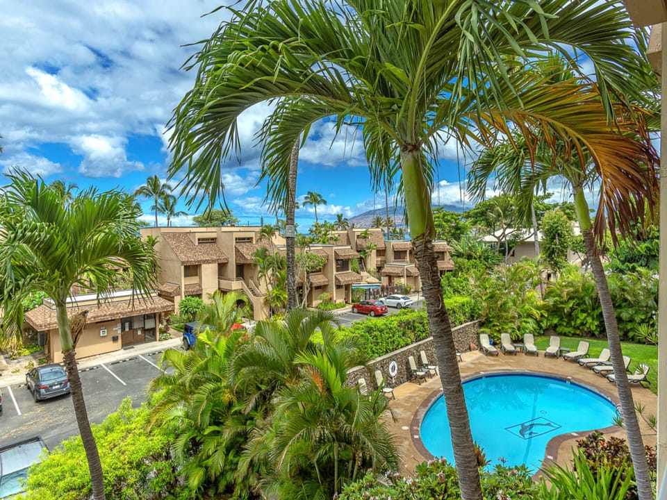 View of the property complex framed by lush palm trees, featuring a curved pool with lounge chairs, surrounded by tropical gardens and guest accommodations under brilliant Hawaiian skies.