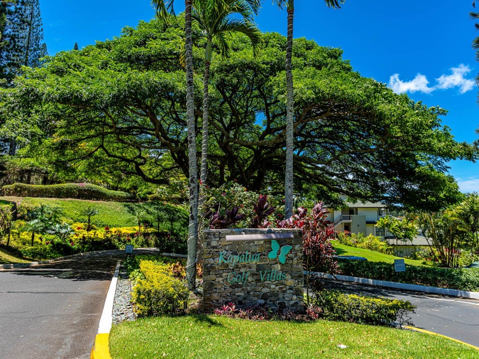 A tropical entrance sign marks the property amid lush greenery, majestic shade trees, and landscaped gardens, creating a welcoming arrival experience.