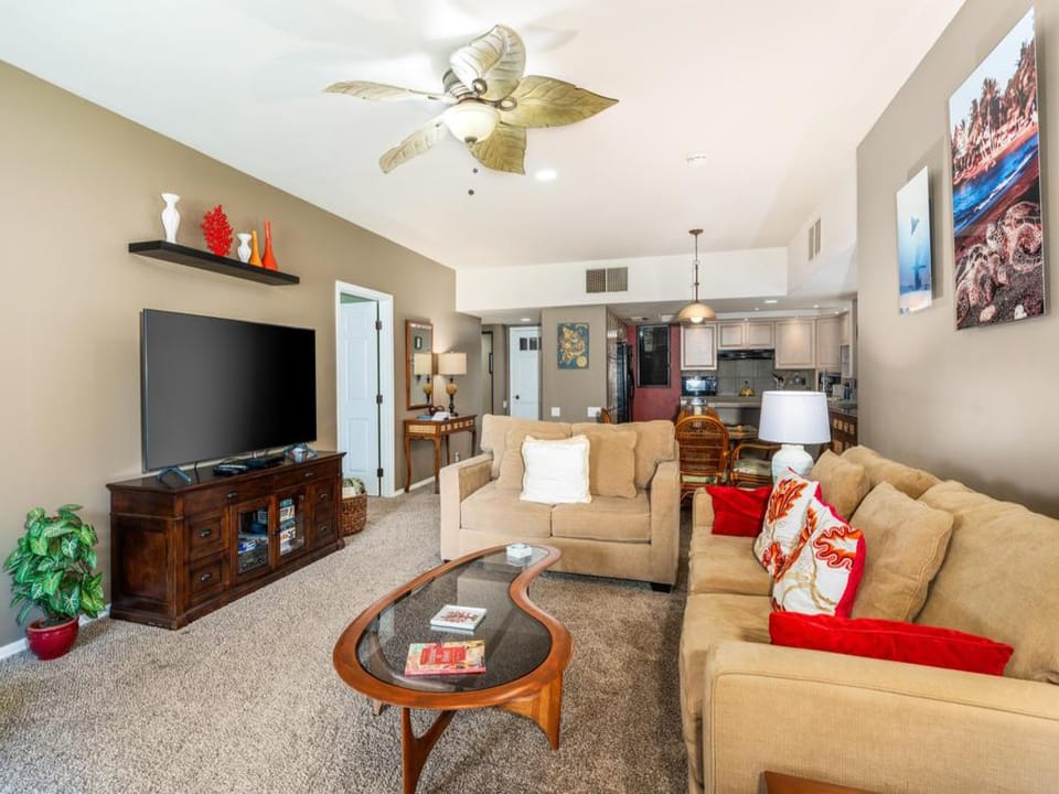 Large living room with smart television