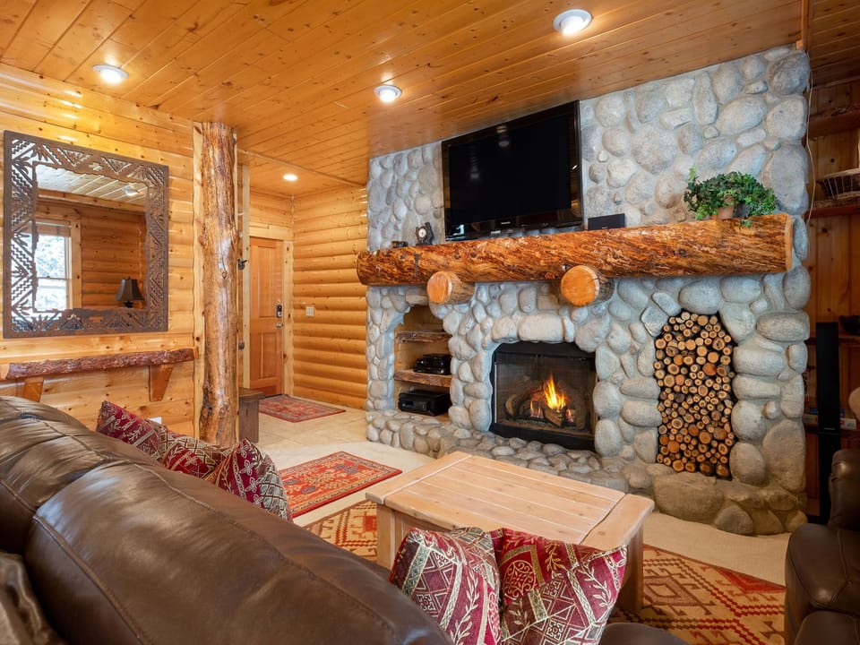 Warm up by the gas burning fireplace