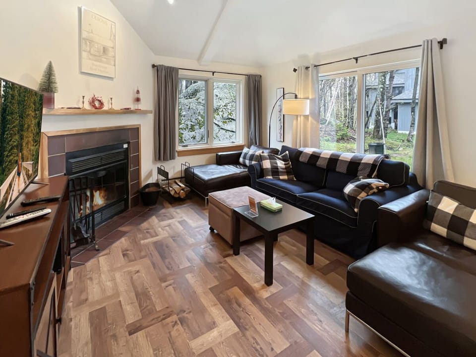 Living Room with Wood-Burning Fireplace.