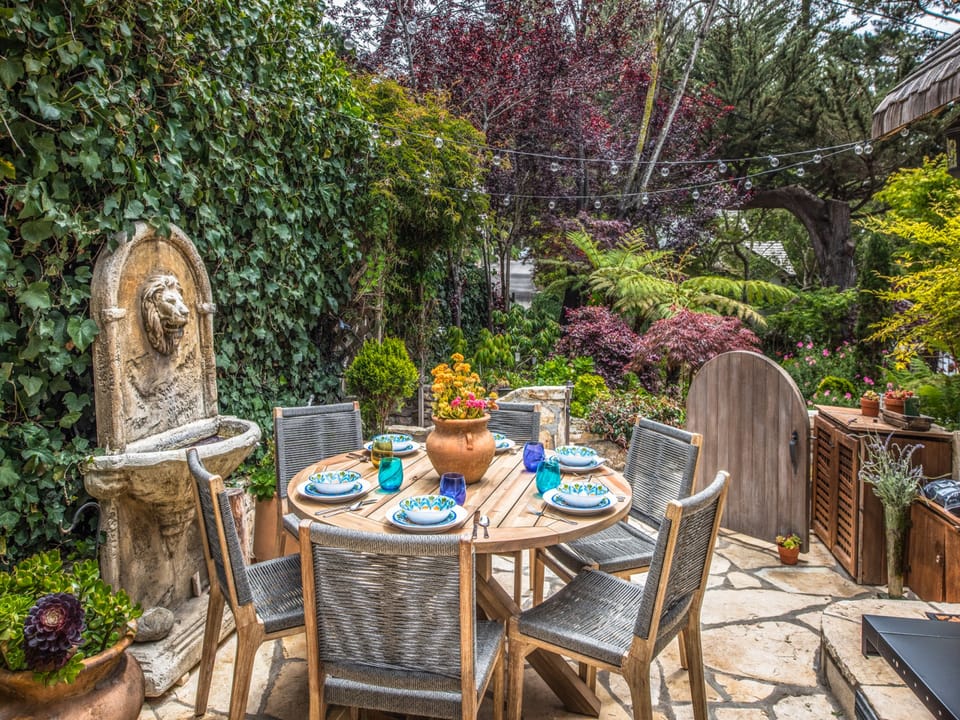 Backyard has a Gas Grill, Dining Area and Water Fountain