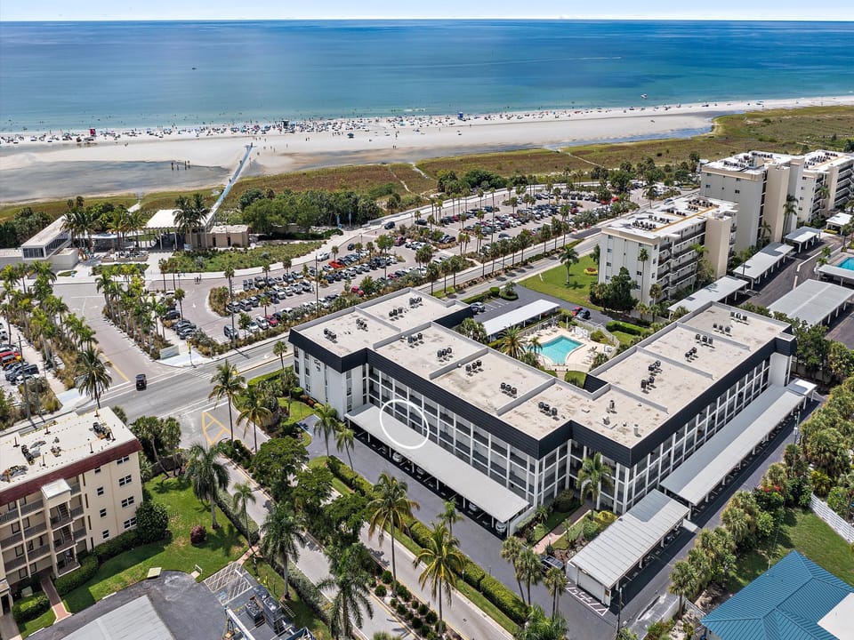 Beach Way Condo on Siesta Key Beach Way Condo on Siesta Key Arial photo of Beach Way condominiums and public beach access to Siesta Key Beach.