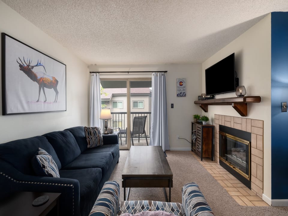 Living Area-  Large sliding glass windows allow natural light to enter and give access to the balcony! - View of living room with line of sight to the balcony, which has two chairs