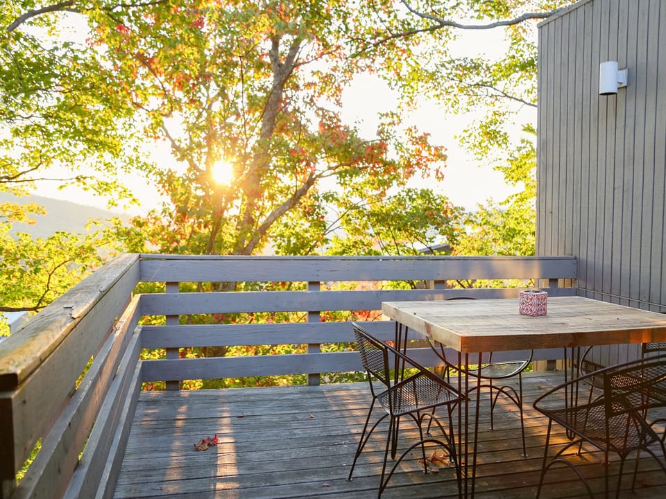 Wooden patio with a table and chairs overlooks a sunny, tree-filled landscape.