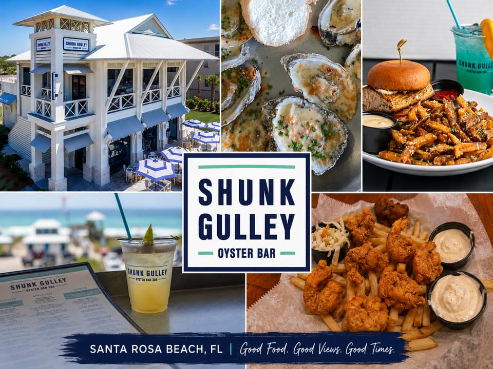 Shunk Gulley Oyster Bar is a popular seafood spot along Scenic 30A in Santa Rosa Beach, known for Gulf views, fresh oysters, and laid-back coastal dining inspired by a legendary offshore fishing reef.