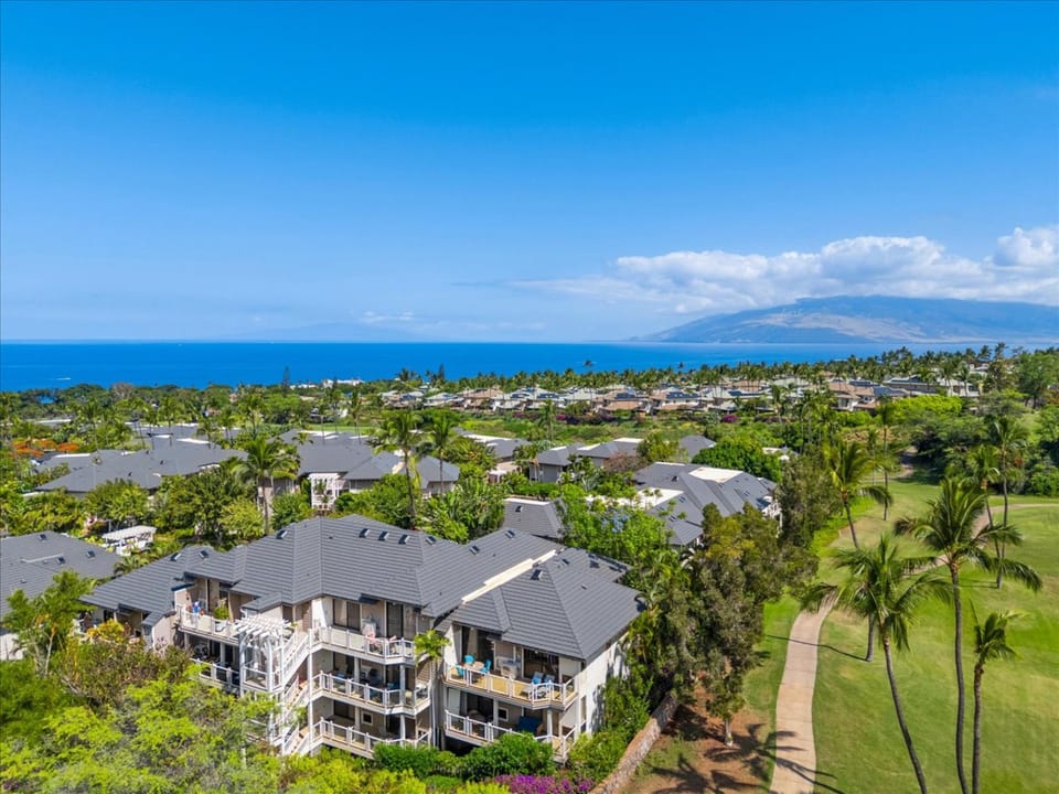 Tropical resort complex nestled among swaying palms, with sweeping ocean views and mountain backdrop. Lush grounds feature manicured lawns and multiple vacation buildings creating an idyllic island setting.