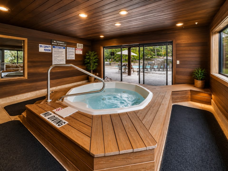 Slip into the inviting hot tub and let the warm, bubbling water ease your worries while soft light filters through this beautiful wood-paneled spa room.