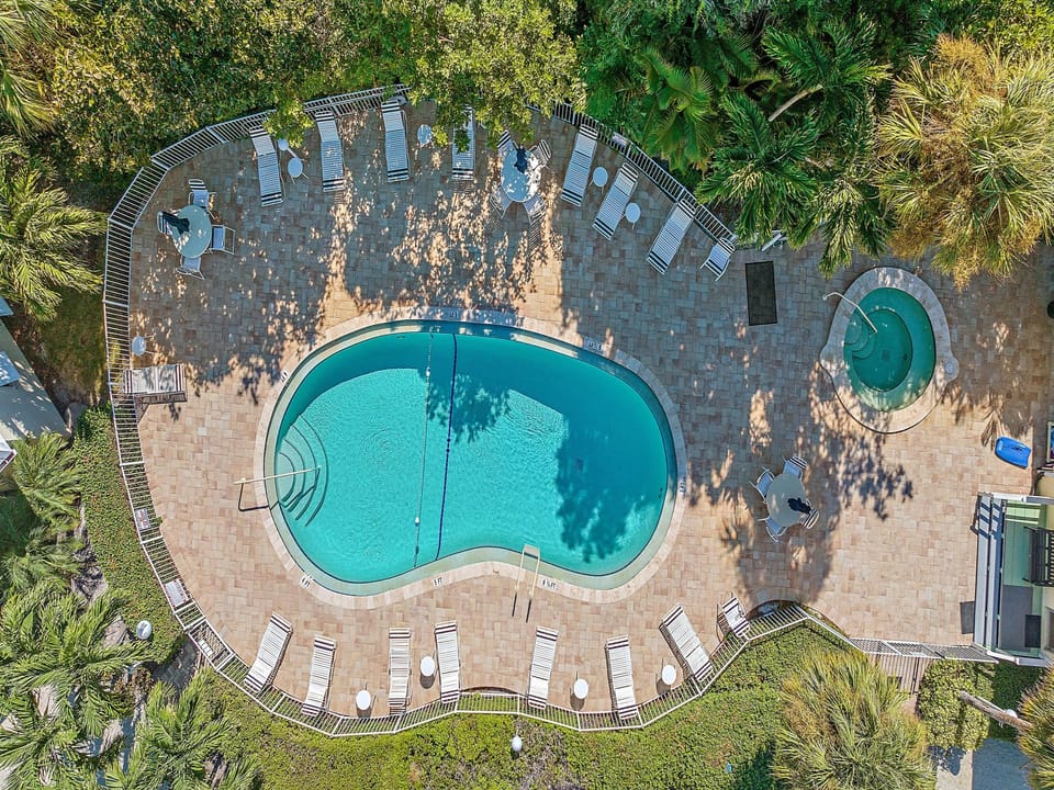 Aerial view of a curvy outdoor pool surrounded by lounge chairs and tables, with a smaller circular hot tub nearby, all within a landscaped area with trees.