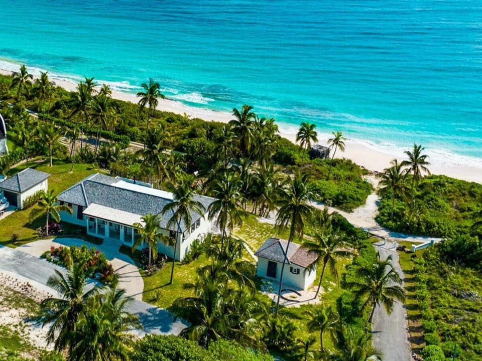 Aerial view of Pineapple House and our mile-long pink-sand beach.