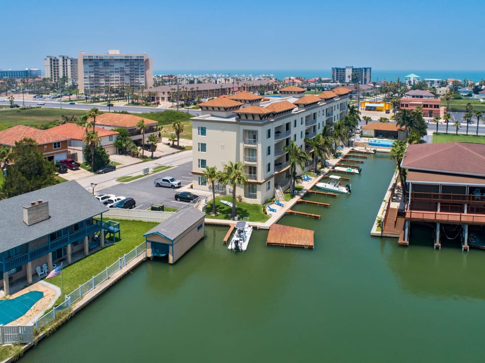 Aerial view of the property and boat slips!