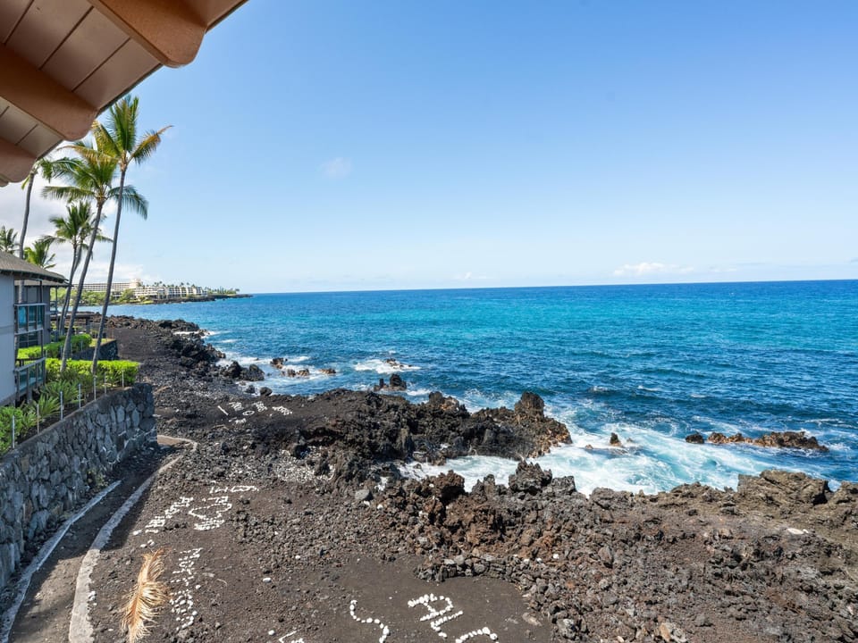 The property overlooks a striking volcanic coastline where azure waters meet dramatic black lava rock formations, with swaying palms adding tropical charm to this serene oceanfront setting.