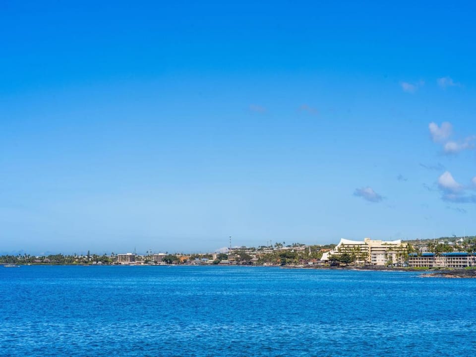 Coastal property setting with ocean scenery and waterfront buildings visible in the distance under clear blue skies.