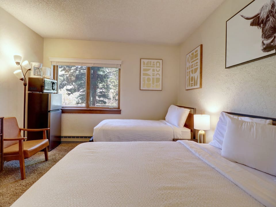 Hotel room with window allowing ample natural light in.