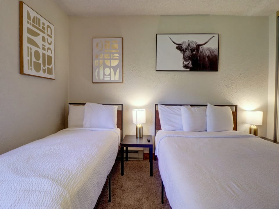 Twin bed and queen bed side by side.