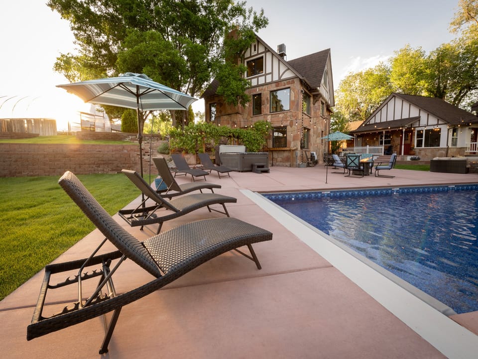 Lovely heated saltwater pool with plenty of seating