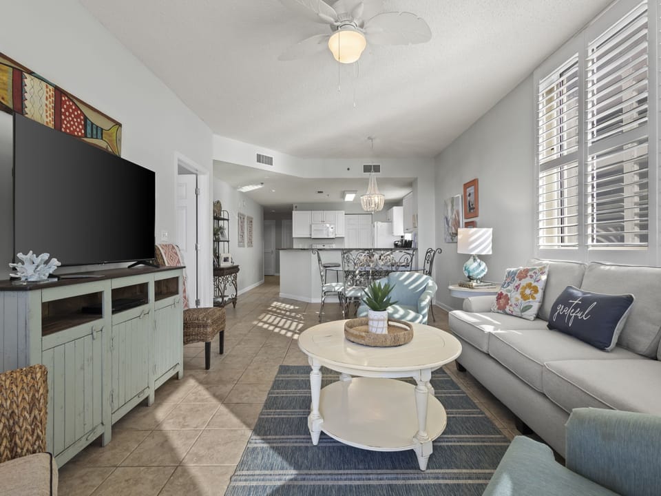 The open living area features plenty of comfortable seating and a large television for enjoying in your down time.