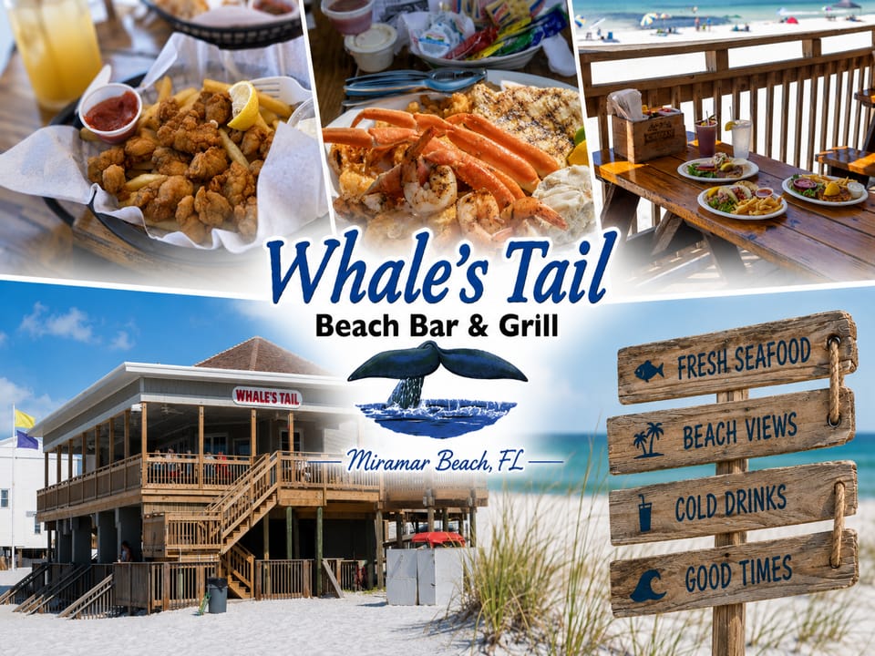 The Whale's Tail Beach Bar & Grill offers beachfront dining, fresh seafood, tropical drinks, and some of the best Gulf views on Scenic 98.