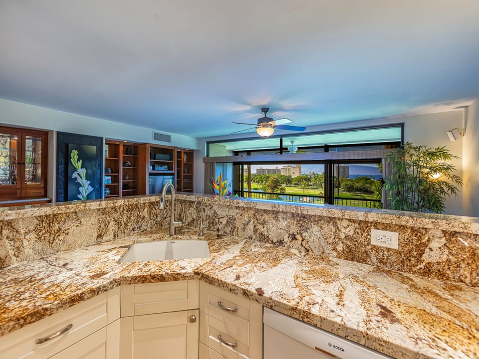 Open kitchen with golf course views.