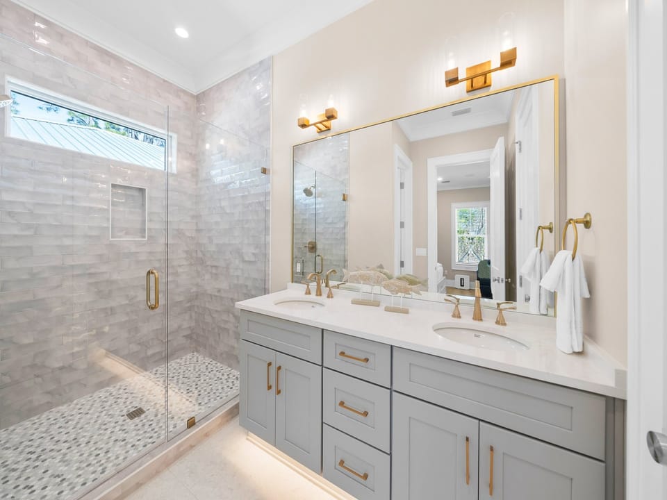 Laguna Beach House | Bunkroom Bathroom | Double Vanity | Walk-In Shower | 2nd Floor