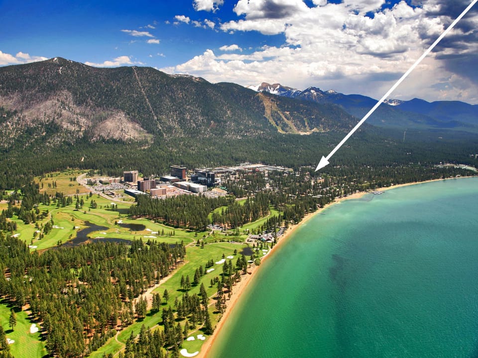 Stunning aerial view of South Lake Tahoe, highlighting the condo’s prime location